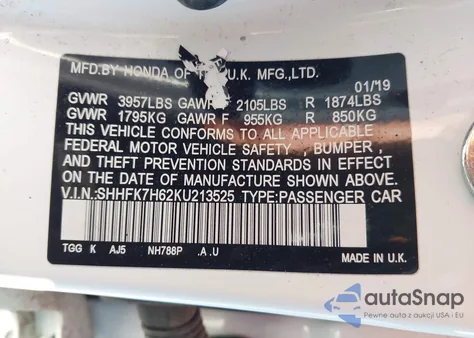 2019 Honda Civic Ex from USA, damaged, VIN SHHFK7H62KU213525